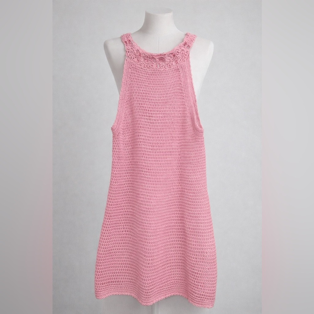 Handmade Pink Crochet Cover-Up Dress – Fitted M/L – Openwork Artisan Knit